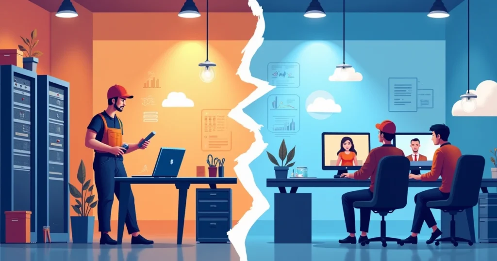 Ilustração dividida mostrando técnico local trabalhando com ferramentas e escritório de consultoria remota com profissionais em vídeo chamada