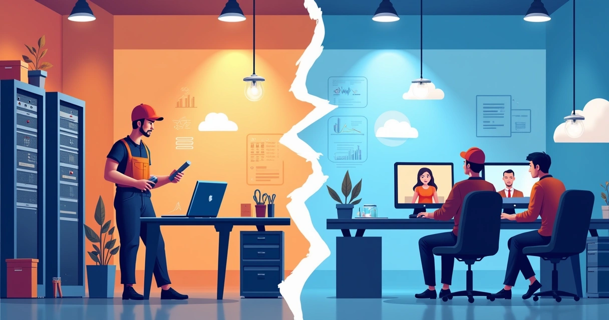 Ilustração dividida mostrando técnico local trabalhando com ferramentas e escritório de consultoria remota com profissionais em vídeo chamada