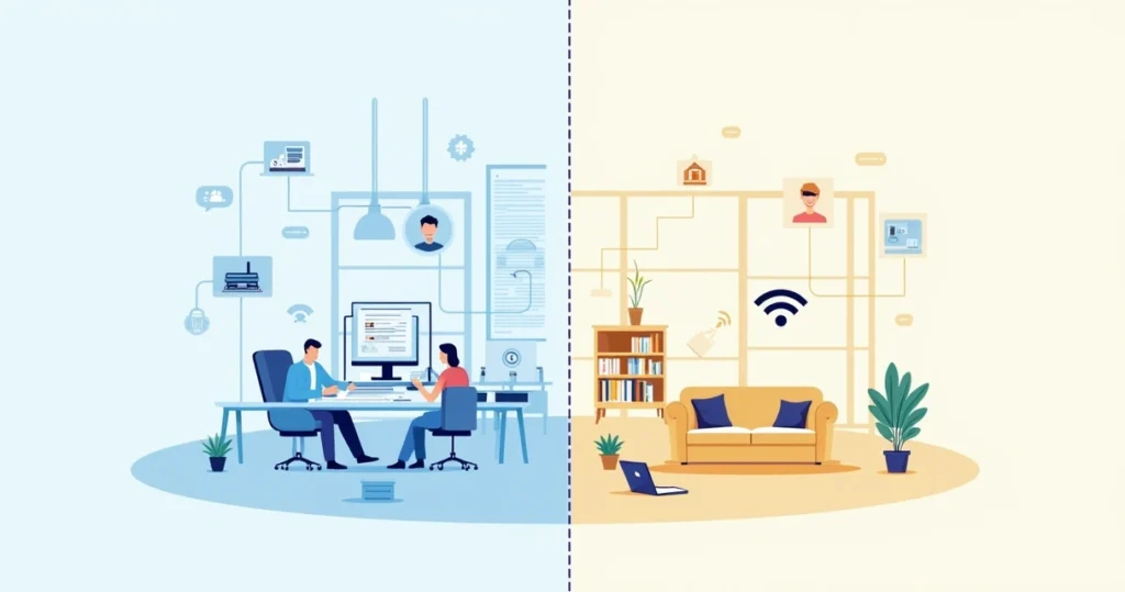 Comparação visual entre rede Wi-Fi corporativa com múltiplos dispositivos e equipamentos avançados e Wi-Fi residencial com roteador doméstico e poucos dispositivos conectados