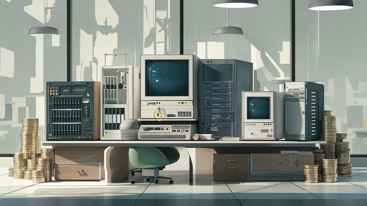 Computadores e componentes de servidor em uma mesa com pilhas de moedas e notas de dinheiro ao lado, em um escritório moderno.