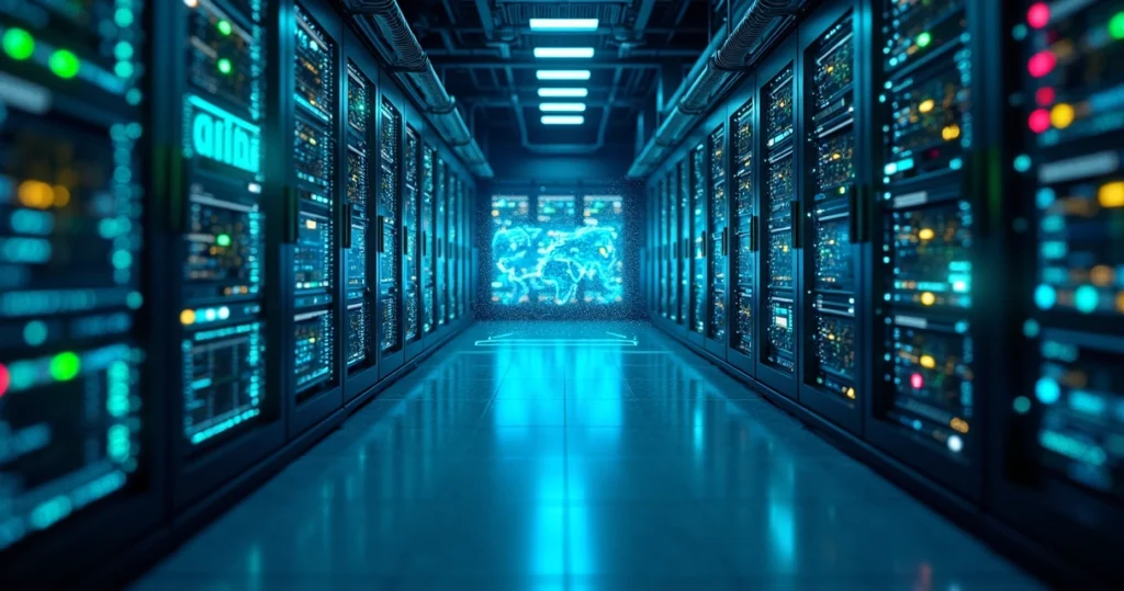 Ilustração realista de servidores modernos conectados a dispositivos de rede em uma sala de data center iluminada em tons azuis e verdes, destacando processos de computação de borda para empresas em ambiente tecnológico avançado