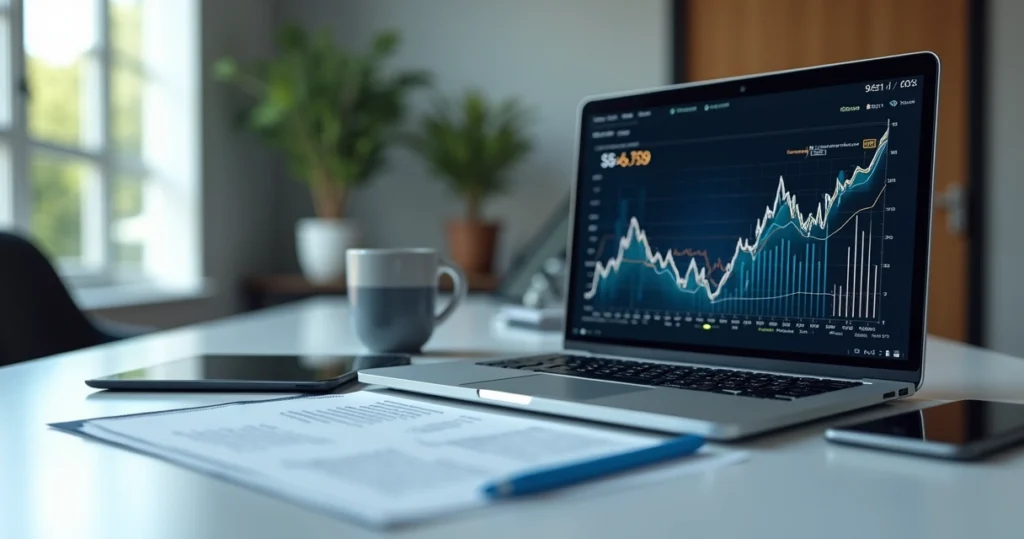 Mesa de escritório moderno com laptop exibindo gráficos financeiros digitais, documentos, tablet com dashboard de dados e caneca de café em ambiente iluminado e tecnológico