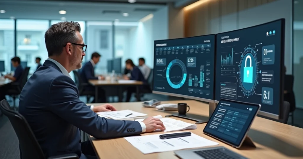 Gestor de contabilidade analisando painel de LGPD em ambiente de escritório moderno
