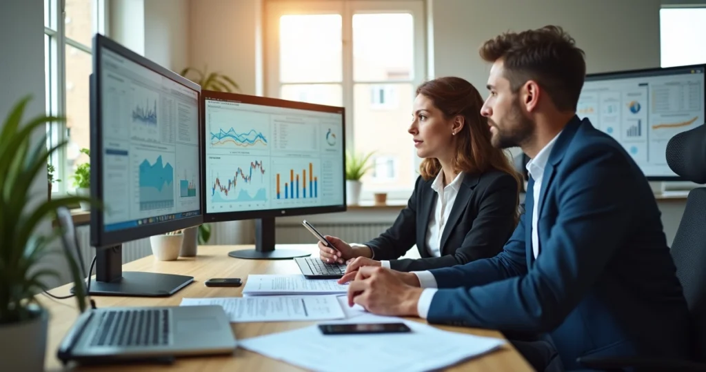 Ambiente de trabalho com contador e profissional de TI analisando documentos e telas de computador sobre reforma tributária