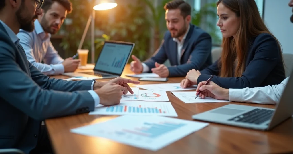 Mesa de reunião com pessoas discutindo contratos e analisando documentos sobre fornecedores de TI, laptops e gráficos visíveis
