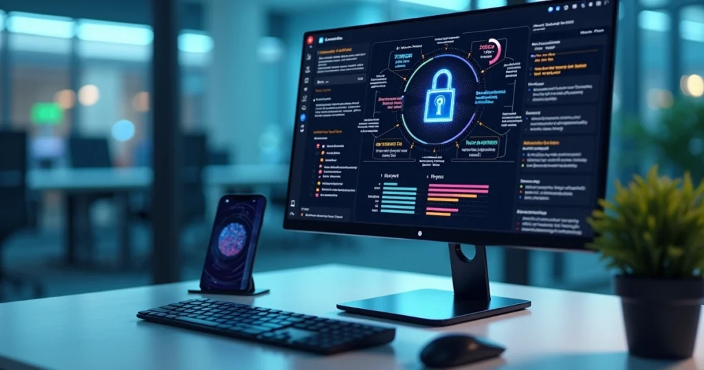 Tela de computador mostrando sistema de controle de acessos com interface digital detalhada e gráficos de segurança