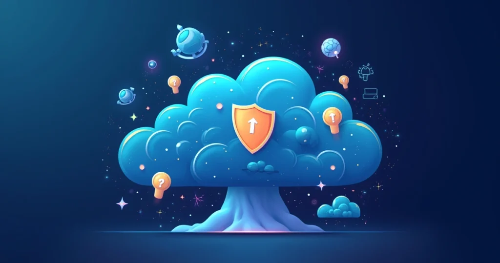 Ilustração de tela de computador exibindo um painel de controle de conformidade de dados na nuvem com ícones de segurança e proteção digital