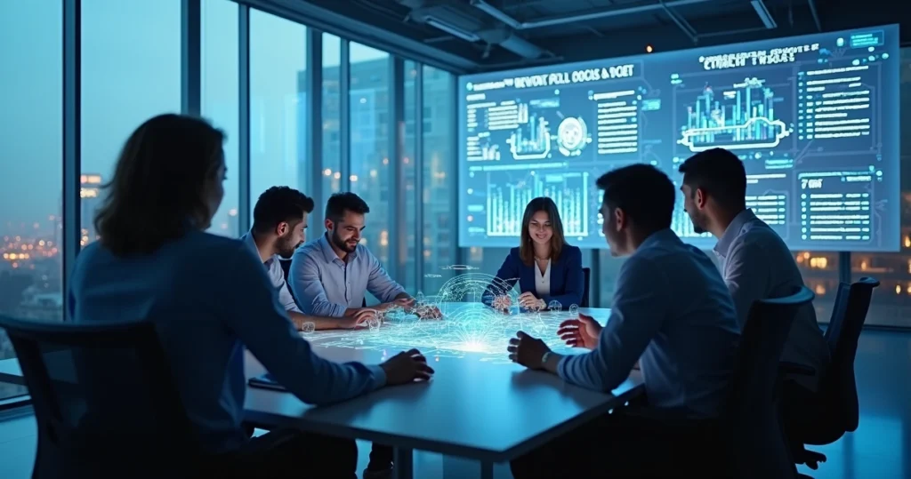 Equipe de profissionais de TI analisando gráficos e dados em telas holográficas em ambiente corporativo moderno