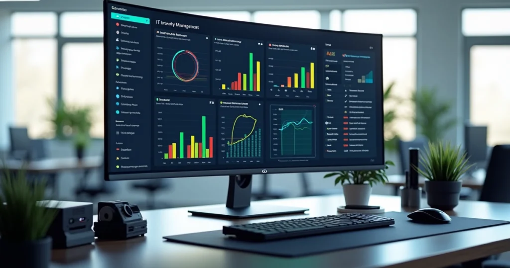 Monitor com dashboard de inventário de TI mostrando gráficos e estatísticas em ambiente de escritório moderno