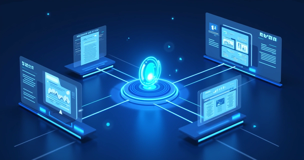 Interface digital mostrando integração do Copilot com Word, Excel, Outlook e PowerPoint