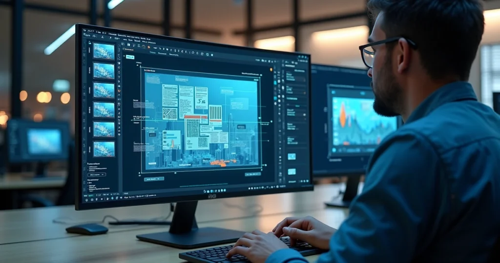 Interface futurista de software de criação de imagens e infográficos com múltiplas referências visuais e edição profissional em alta resolução