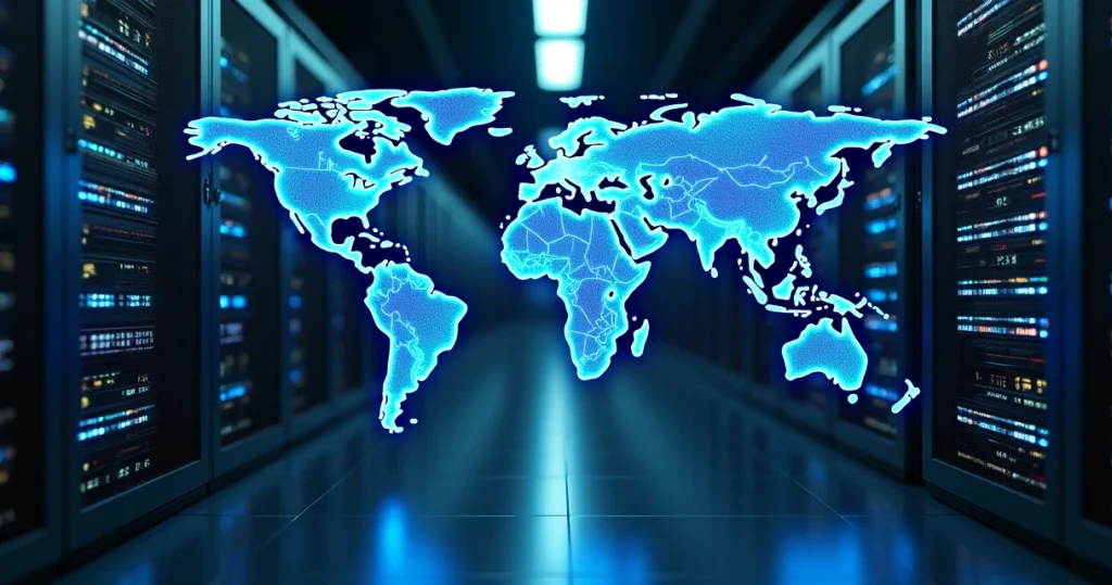 Servidor moderno em data center com conexões globais representadas por linhas azuis em mapa do mundo digitalizado