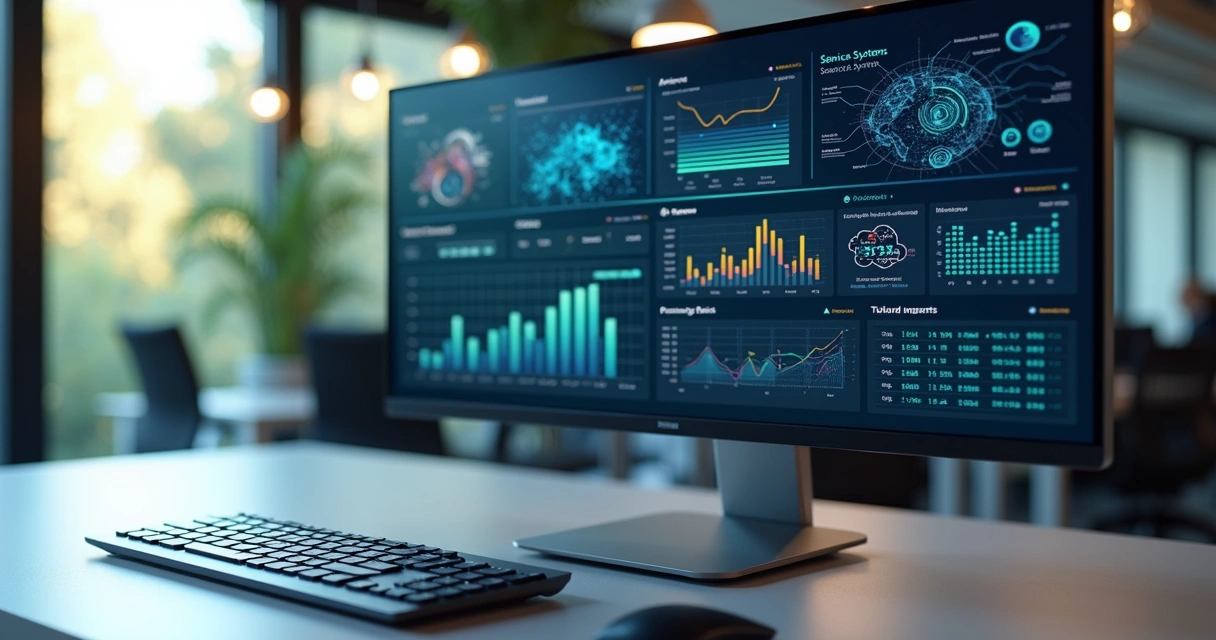 Computador com tela mostrando painel de automação de service desk, ilustrando sistemas integrados e gráficos de desempenho