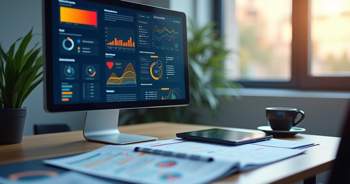 Tela de computador mostrando gráficos de desempenho e alertas de TI em ambiente de escritório moderno