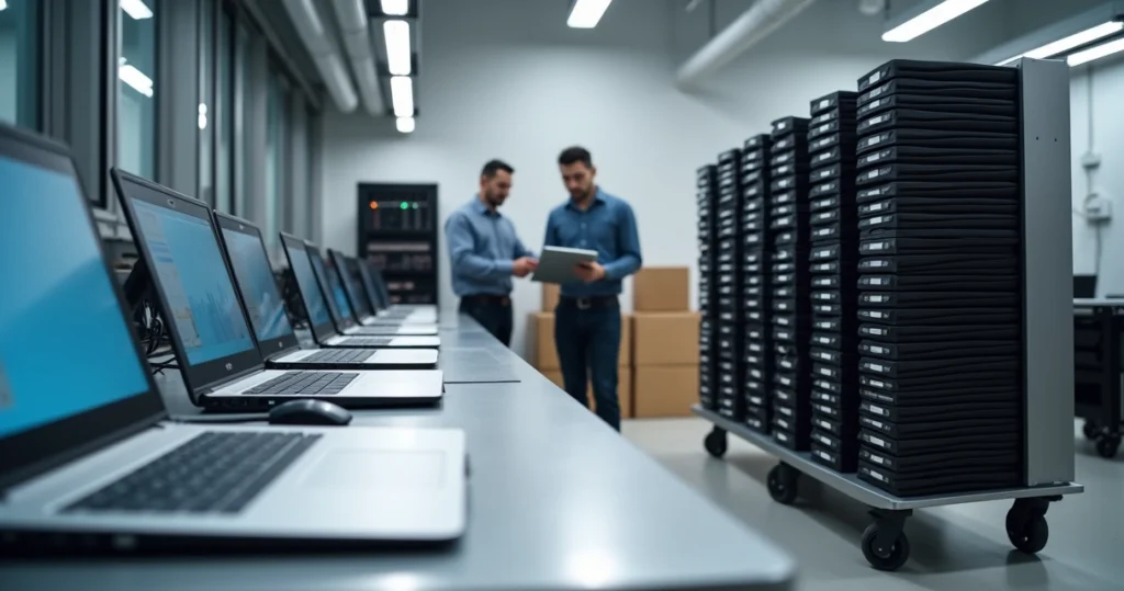 Equipe de TI configurando múltiplos notebooks corporativos idênticos em rack de carregamento
