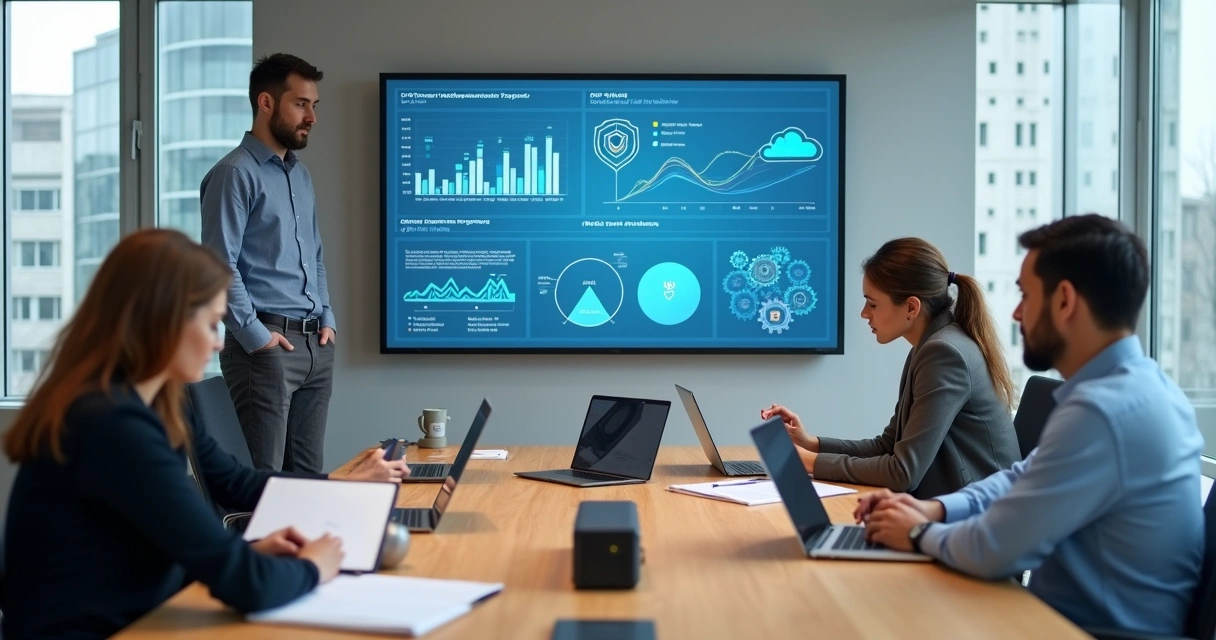 Gestor de TI e equipe analisando painel de produtividade em escritório moderno