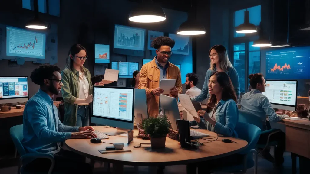 Pessoas de diversas etnias trabalhando em um escritório moderno, usando computadores com gráficos e documentos.