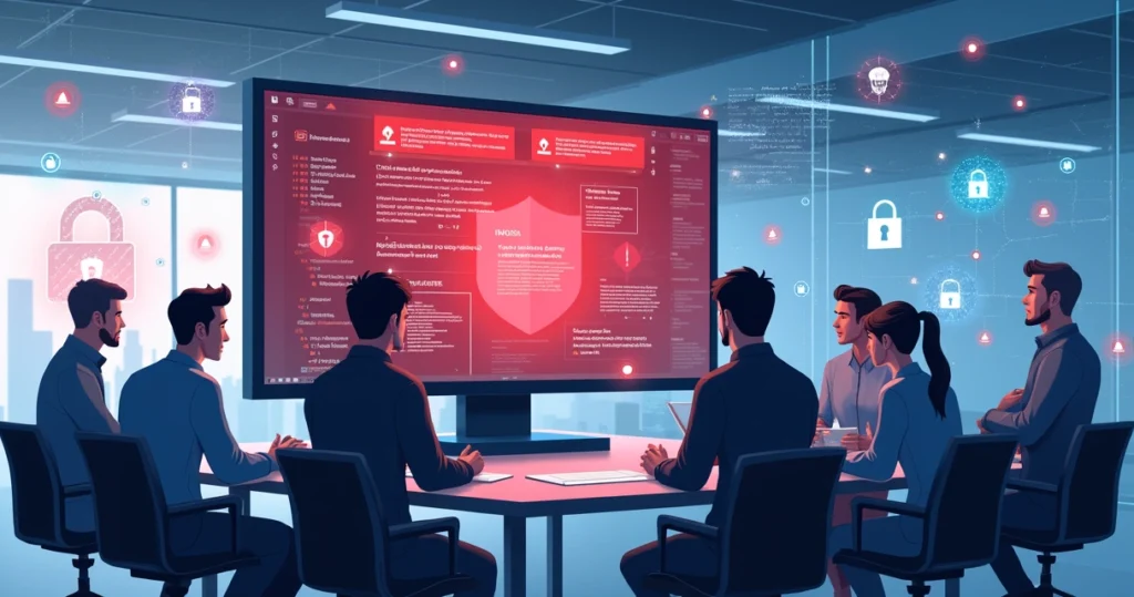 Ilustração de profissionais de TI revisando uma tela com alertas vermelhos de erros de segurança