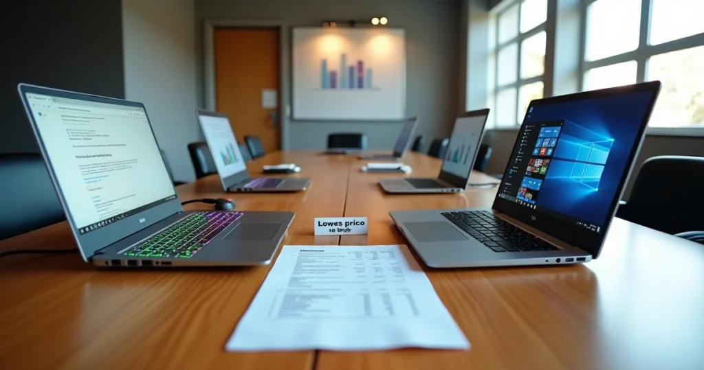 Mesa de reunião com notebooks diferentes lado a lado destacando escolha errada de equipamentos