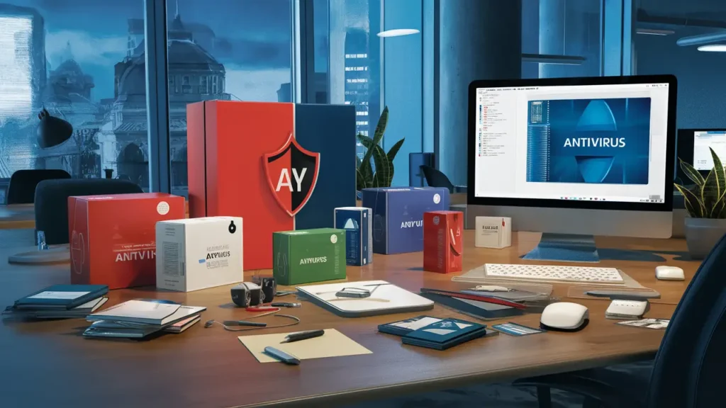 Escritório moderno com computador mostrando software antivírus e caixas de antivírus espalhadas em mesa grande.