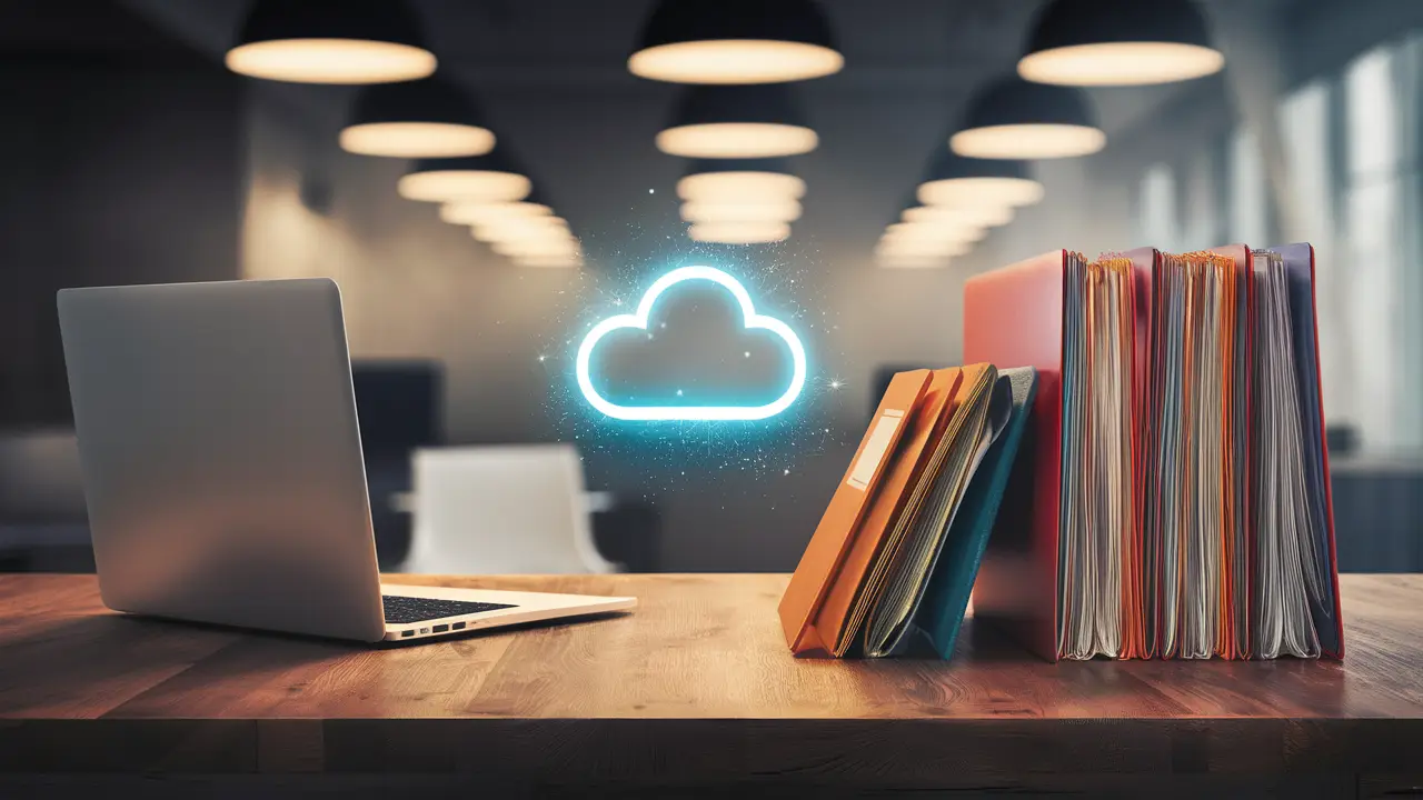 Escritório moderno com laptop, pastas coloridas e holograma de ícone de nuvem flutuando acima da mesa.