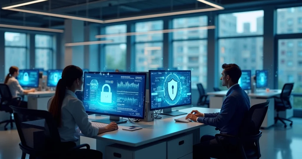 Ambiente de escritório contábil moderno com computadores, gráficos de segurança digital na tela e profissionais trabalhando protegendo dados