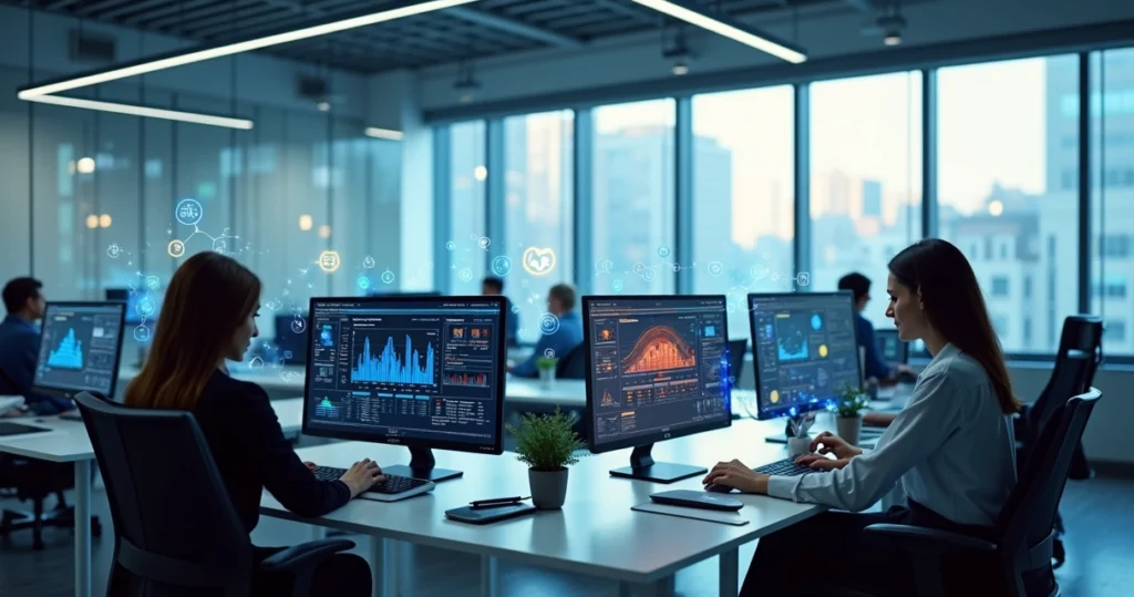 Escritório contábil moderno com profissionais trabalhando em computadores integrados por tecnologia digital avançada