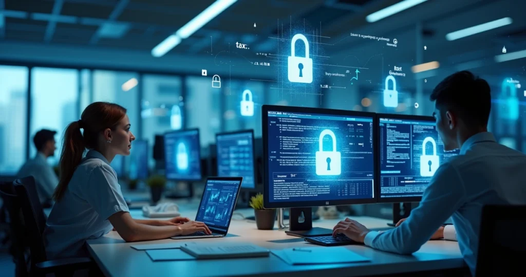Escritório de contabilidade com profissionais usando computadores e sistemas de segurança digital visíveis na tela