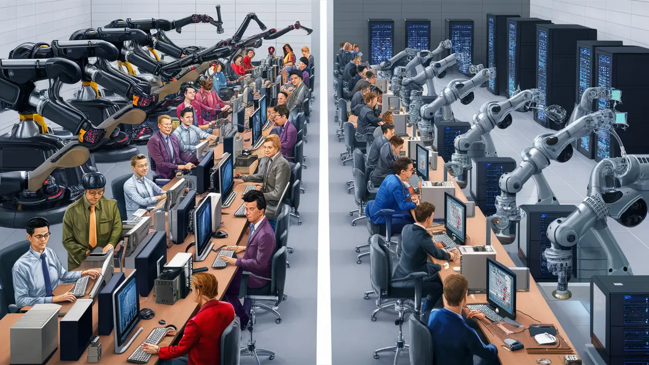 Ambiente de escritório moderno dividido, com equipe de TI à esquerda e automação com braços robóticos à direita.