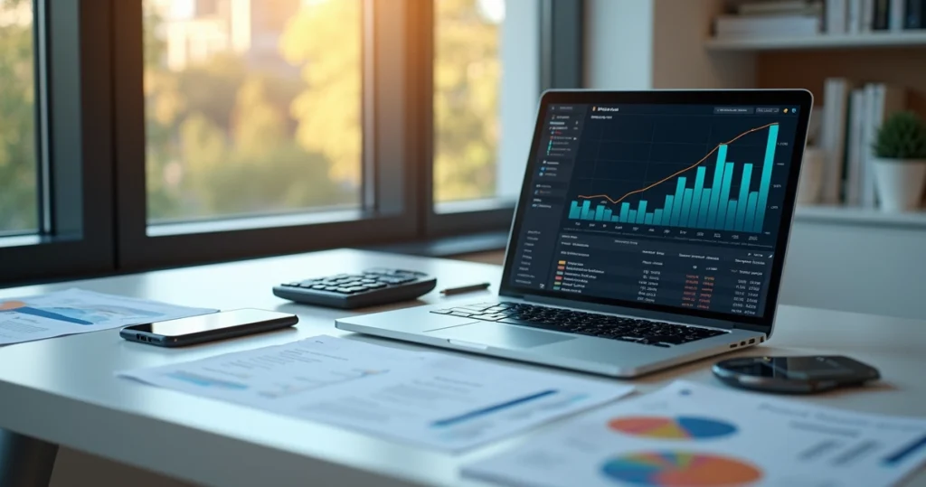 Mesa de escritório com notebook aberto mostrando gráficos financeiros, uma calculadora, smartphone com aplicativo de contabilidade e papéis organizados, iluminação clara e ambiente moderno e profissional