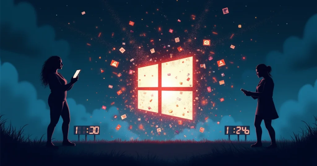 Ilustração representando o fim do suporte ao Windows 10, com logo em fade e usuários frustrados.