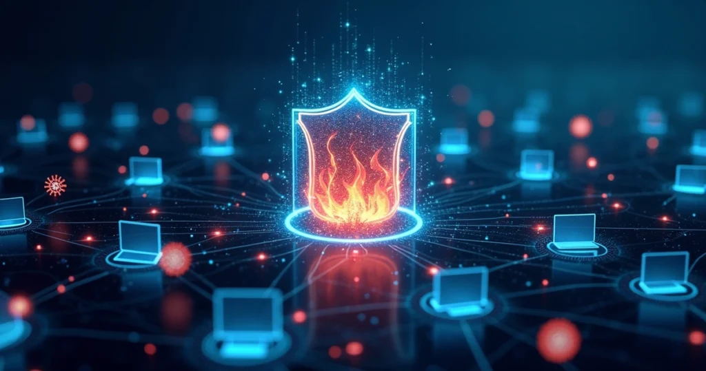 Interface digital mostrando um firewall ativo protegendo uma rede empresarial contra ameaças cibernéticas