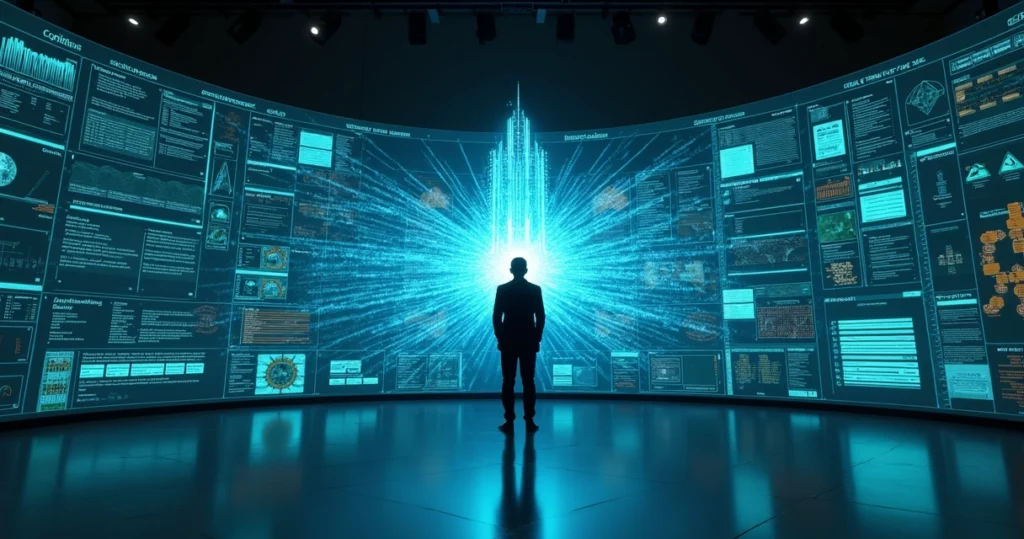 Representação visual de gestor observando matriz de dados e inteligência artificial conectando conhecimento corporativo