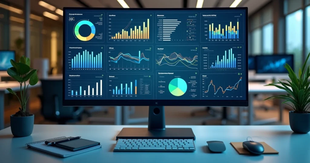 Tela de computador mostrando gráficos e indicadores de gestão de TI com análise futura para 2026