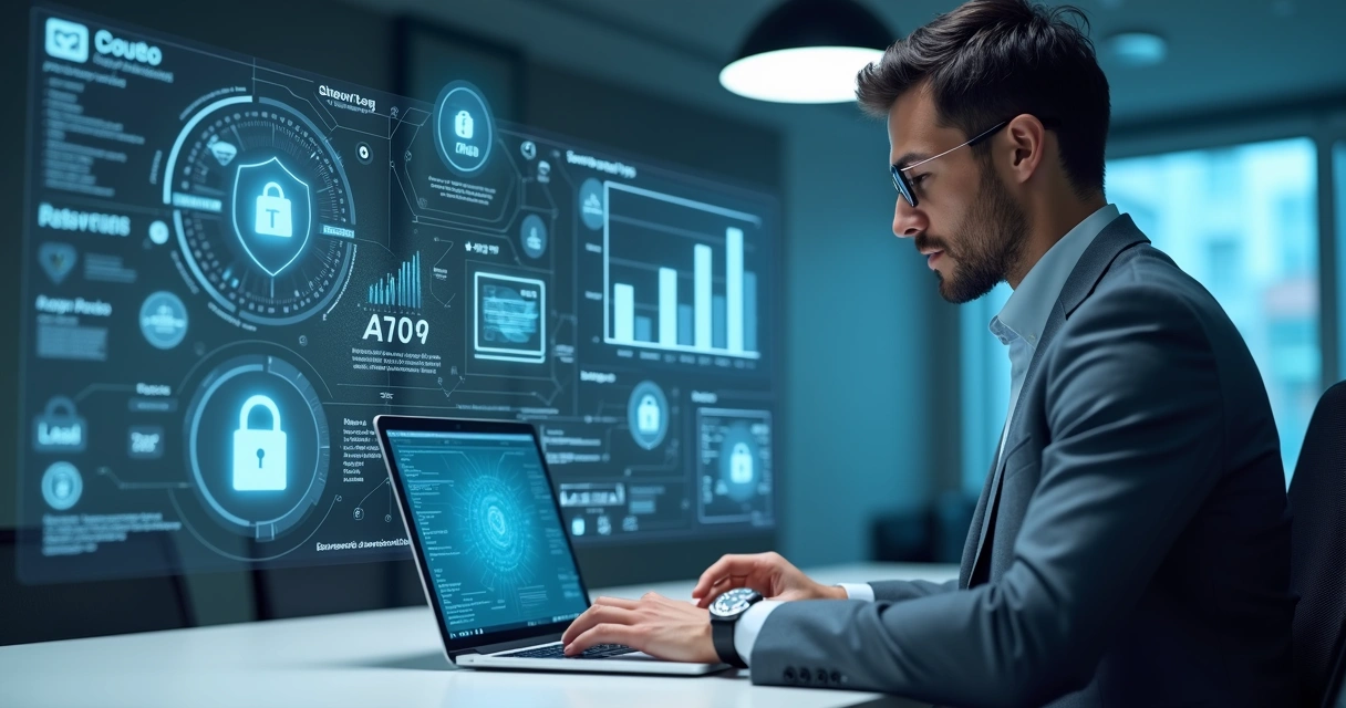 Gestor executivo analisando gráficos de orçamento de TI em tela digital com elementos de segurança cibernética e inteligência artificial ao fundo