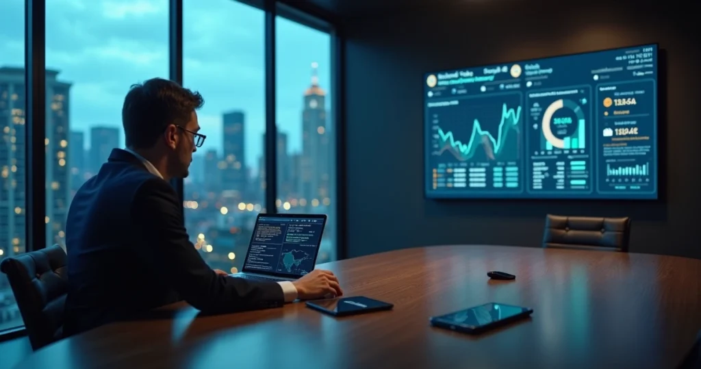 Gestor analisando painel do Microsoft 365 Copilot com GPT-5.2 no escritório corporativo