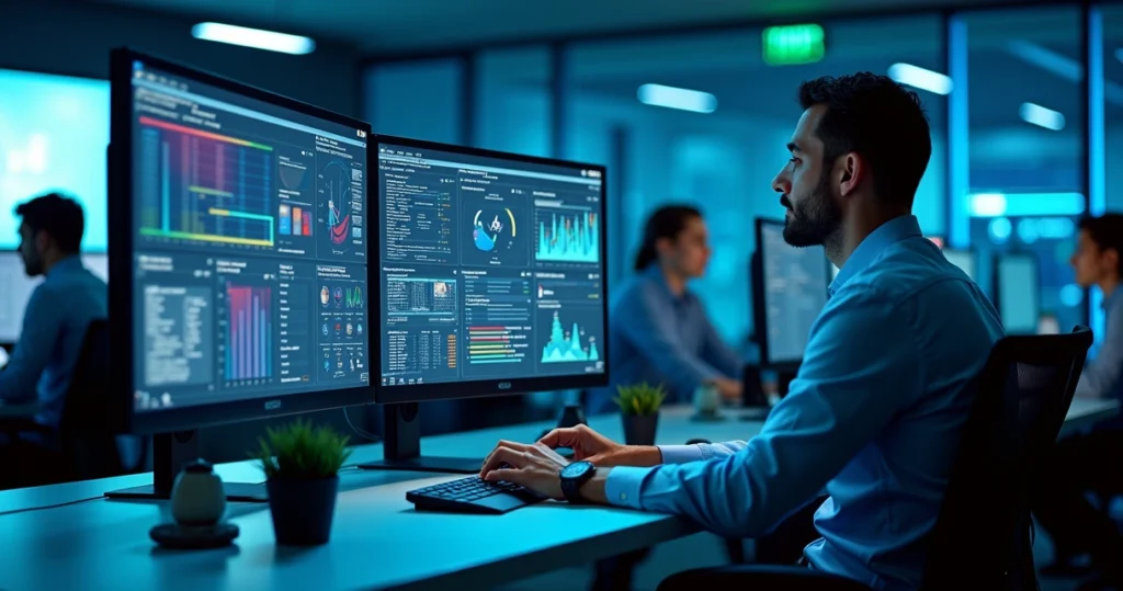 Homens e mulheres trabalhando em um ambiente comporrativo claro, com janelas, sem telas grandes na parede, em uma dinamica normal de empresas contabeis