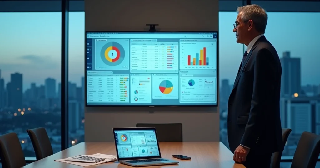 Gestor de TI analisando painel de segurança com operações bancárias e sistema contábil na tela
