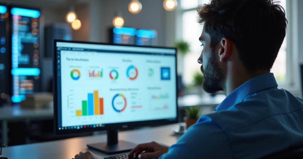 Gestor de TI em escritório moderno usando software ITSM em tela de computador com gráficos e ícones de tecnologia