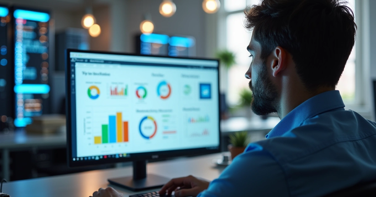 Gestor de TI em escritório moderno usando software ITSM em tela de computador com gráficos e ícones de tecnologia