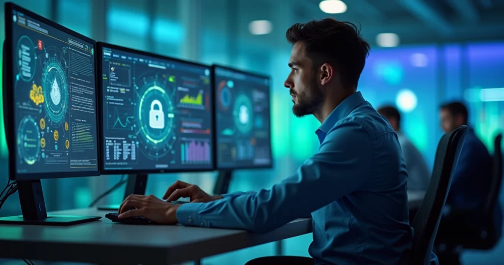 Ilustração realista de um profissional de TI gerenciando acessos digitais em tela com gráficos e cadeados virtuais