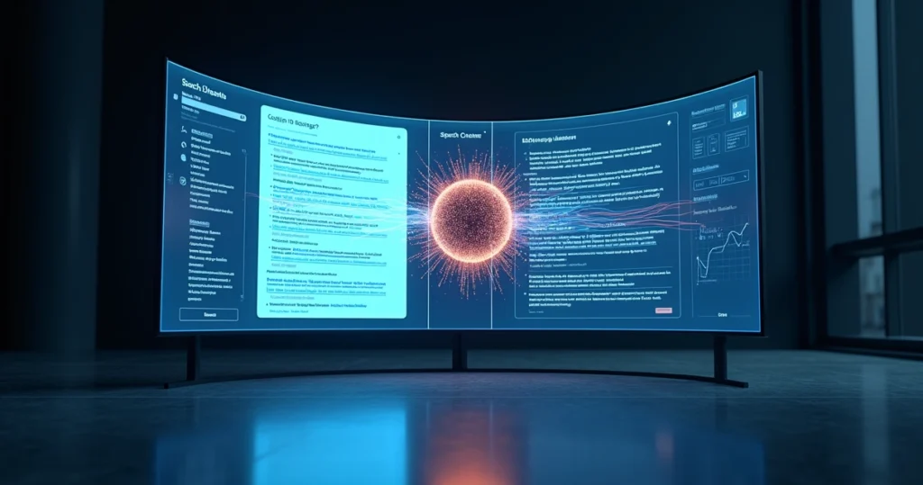 Interface de busca em tela curva com inteligência artificial mediando decisões digitais