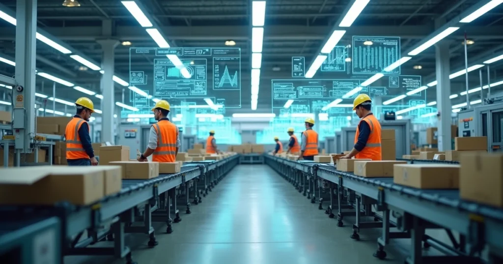 Linha de produção industrial parcialmente automatizada com elementos digitais de inteligência artificial