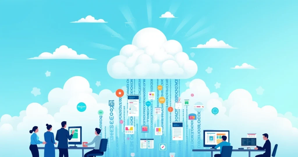 Ilustração sobre migração de dados para a nuvem, com nuvens, dados e profissionais colaborando em ambiente digital.