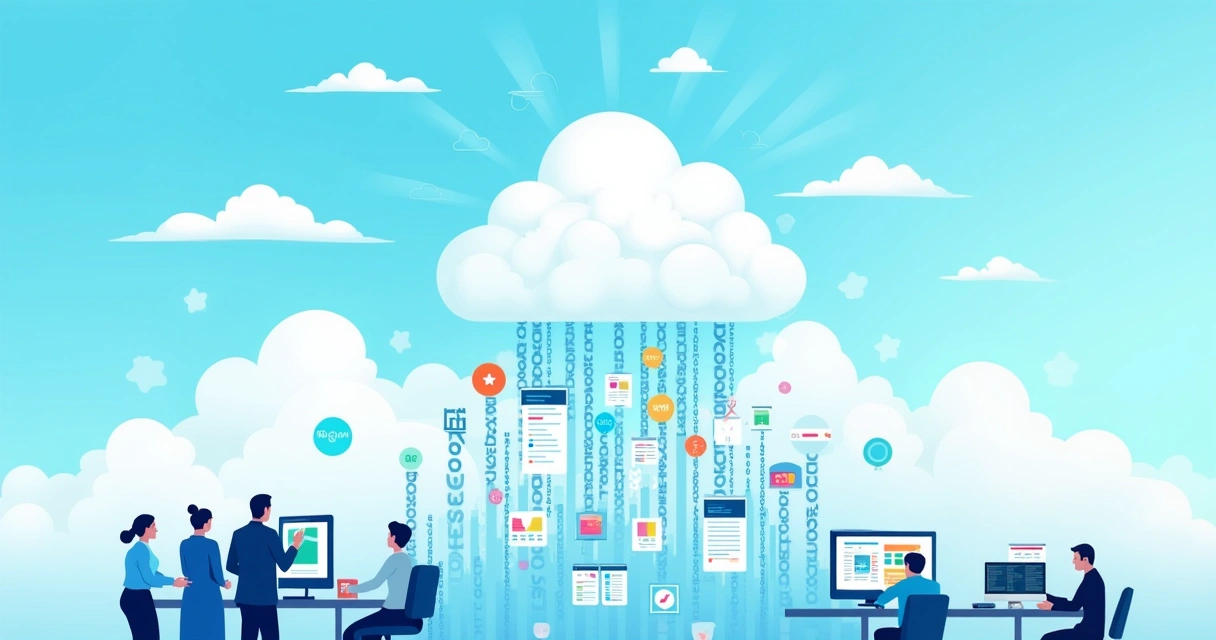 Ilustração sobre migração de dados para a nuvem, com nuvens, dados e profissionais colaborando em ambiente digital.
