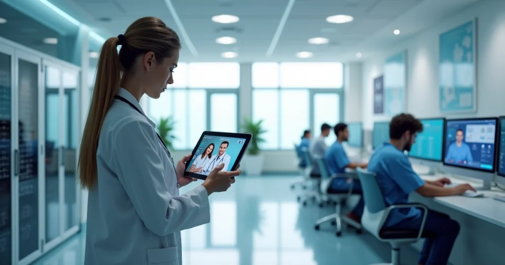 Profissional de saúde usando tablet para consulta remota em clínica com equipamentos de TI ao fundo