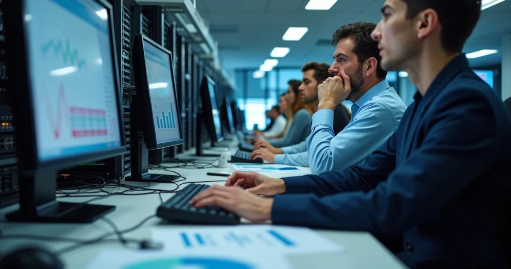 Ambiente de escritório contábil moderno com profissionais trabalhando