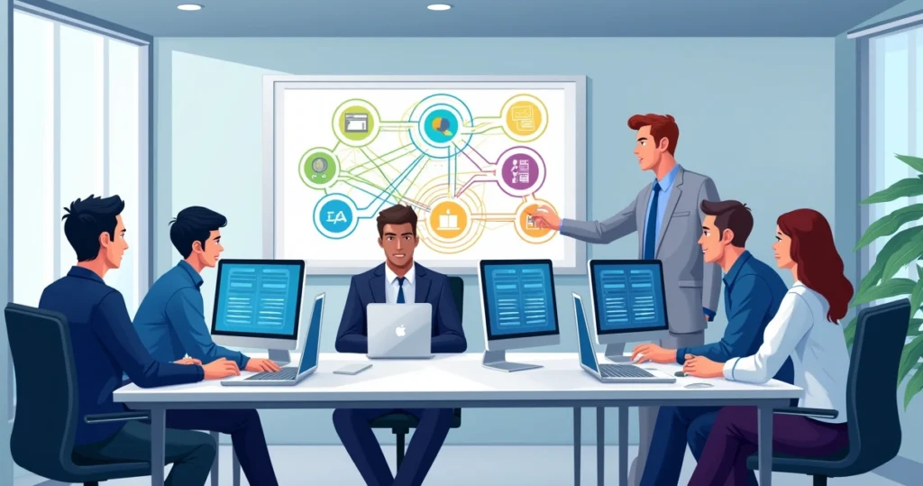 Equipe de profissionais em escritório durante treinamento sobre integração de sistemas com computadores e gráficos de conexões digitais na tela