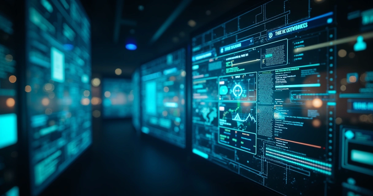 Interface digital com representações de IA monitorando redes e sistemas de segurança empresariais