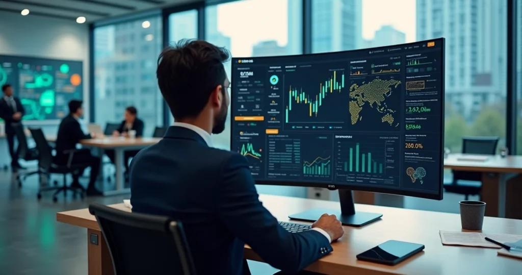 Gestor analisando painel financeiro com inteligência artificial em escritório de contabilidade moderno